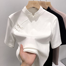 新中式女装国风短袖t恤女2024夏季新款设计感半高领内搭中袖上衣