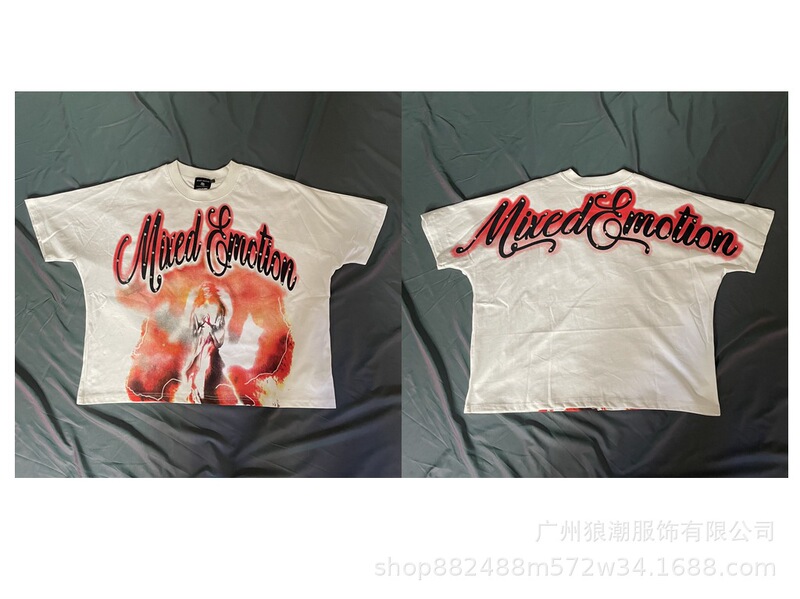 MIXED EMOTION レトロホットダイヤモンドプリントロゴ美しいトレンディなラウンドネックルーズカジュアル半袖Tシャツ男性と女性用|undefined