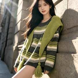 日韩系慵懒风复古条纹毛线衣女秋冬百搭配披肩围巾针织衫两件套装