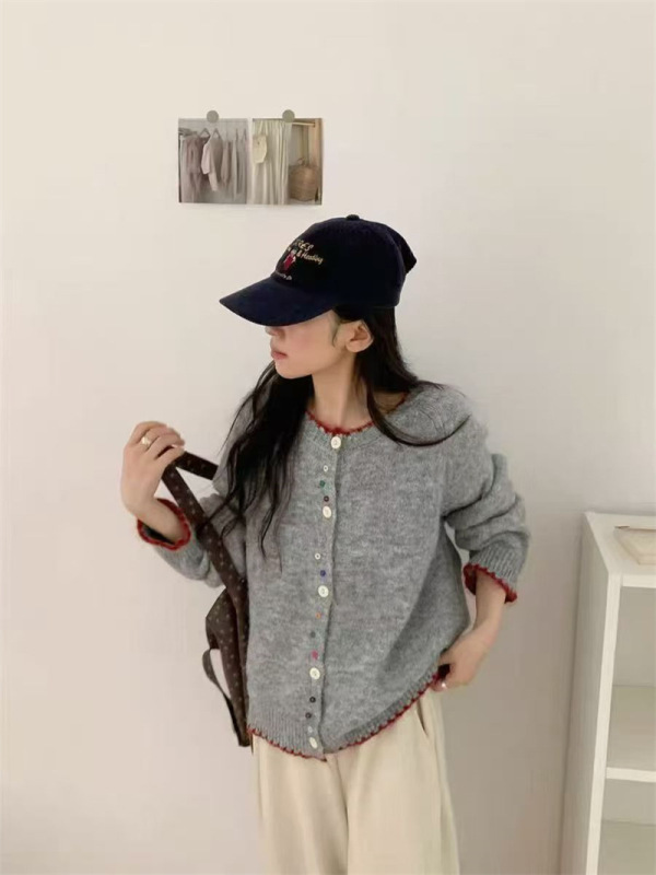 韩系撞色设计感针织衫女2025秋季新款圆领不规则彩扣小众毛衣外套|undefined