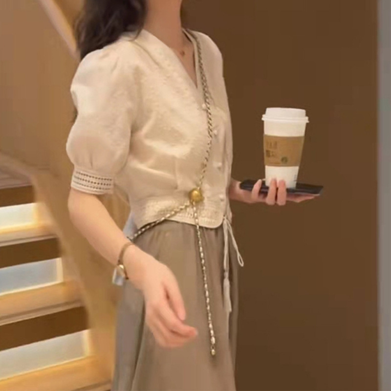 フランス風茶休初恋甘美シャツ網糸スカートスーツデザイン感小衆優しい風ワンピース女夏|undefined