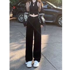 黑色梨形身材阔腿牛仔裤女秋季新款宽松遮胯高腰直筒小个子拖地裤