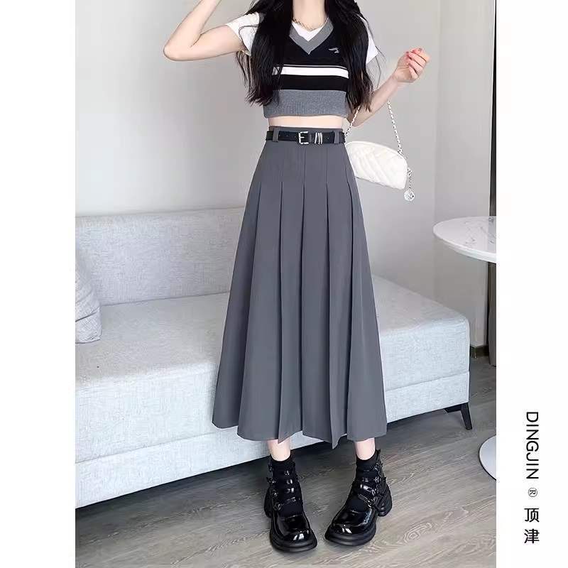 （TR质量+隐形拉链+腰带）百褶裙半身裙小众设计感中长款A字裙长|undefined