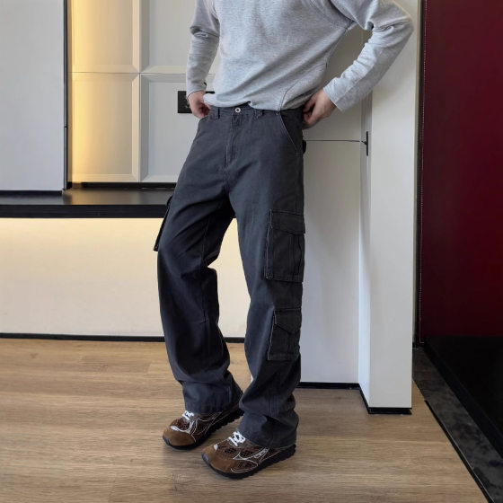 AUTICUP American Style Multi-Pocket Washed Used Coil Pants Street Straight Wide Pants Solid Color Casual Pants for Men