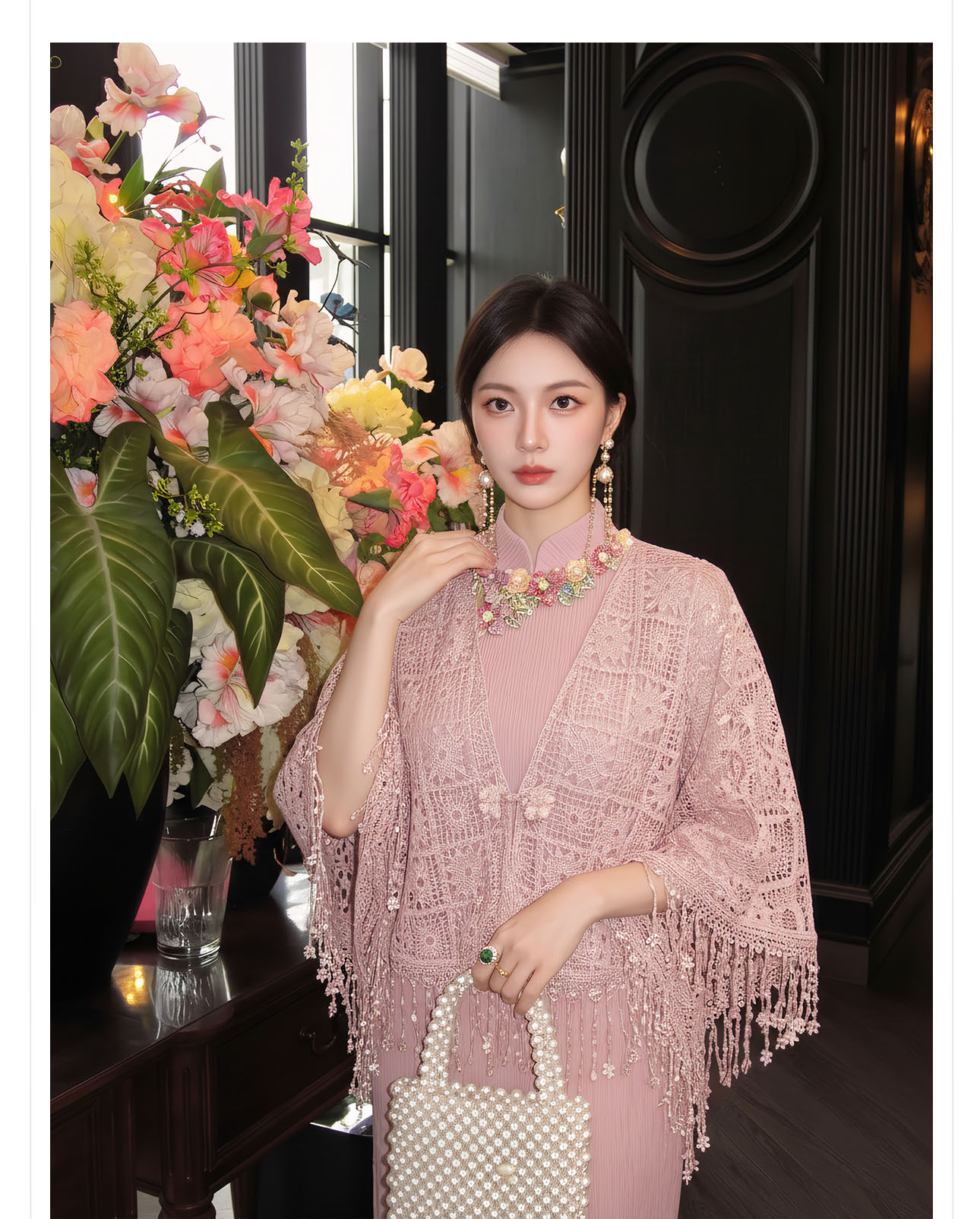 Bộ váy đầm maxi thắt eo kiểu Trung Hoa cải tiến kèm áo khoác choàng tua rua — Trang chủ, bộ đồ, váy liền, váy xanh chi tiết 19