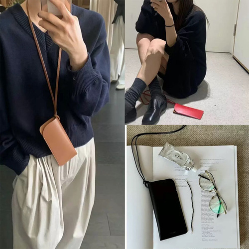 Cross-border necklace-style sunglasses bag, high-quality PU leather sunglasses storage bag, portable solid color sunglasses necklace bag