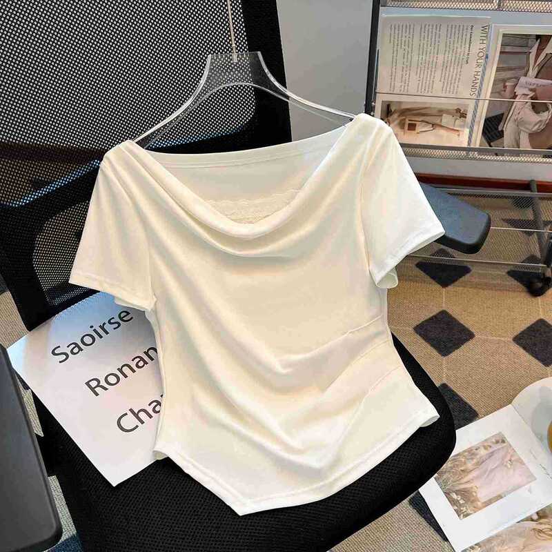 French-Style White Off-Shoulder Turtleneck Short-Sleeve T-Shirt with Lace Trim for Women, 2026 Summer New Model, Super Stylish Short Top