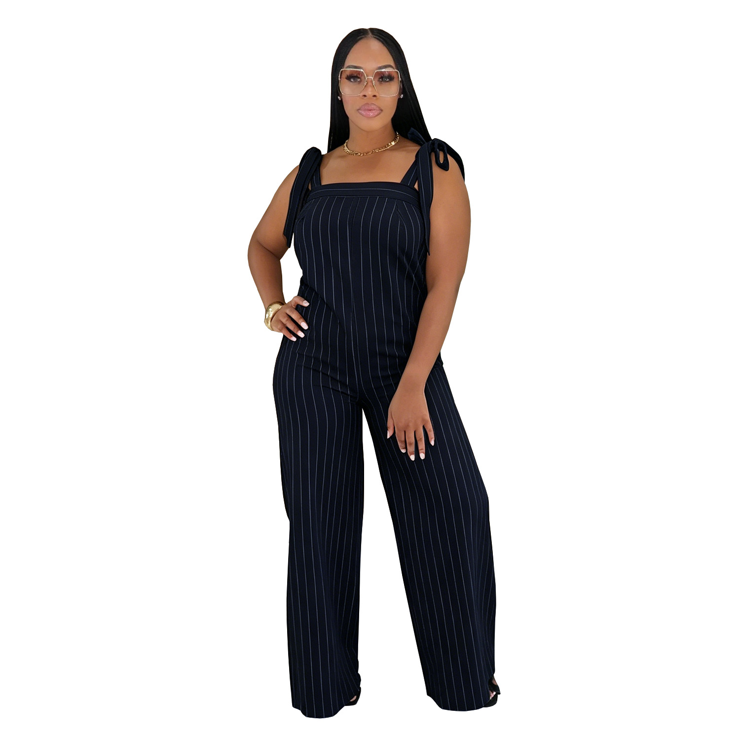 C7698 Cross-Border European And American Women's Casual Striped Strap Wide-Leg Fashion Jumpsuit_ecoleips.com