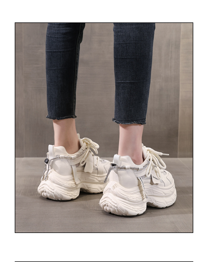 Giày sneaker nữ đế dày chunky mặt lưới thoáng khí, tăng chiều cao bên trong, đính đá rhinestone thời trang — Màu be chi tiết 16
