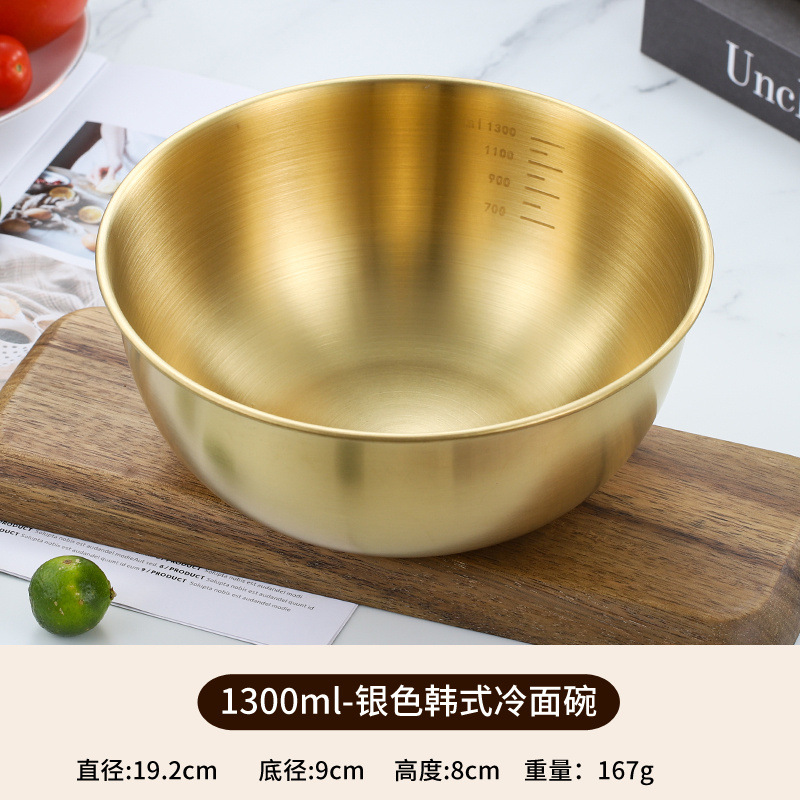 Venta al por mayor de fideos fríos de estilo coreano comercial de acero inoxidable ensaladera tazón de ensalada de frutas y verduras con escala de mezcla de Corea del Sur