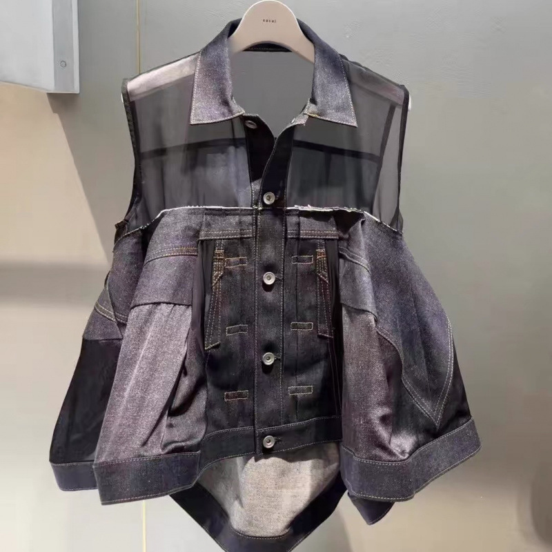 Fog Sacai Japanese Style 2025 Spring/Summer New Semi-Transparent Sleeveless Denim Vest with Color-Blocking Patchwork Top
