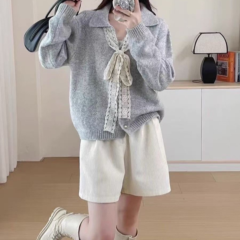薄款早秋设计感polo领针织衫女韩版慵懒风宽松上衣蕾丝系带毛衣女|undefined