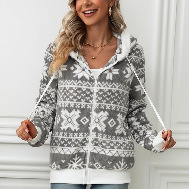 Flash Velvet 2023 Cross-border European and American Amazon Women's Autumn and Winter New Hooded Cardigan Christmas Style Printed Plush Coat