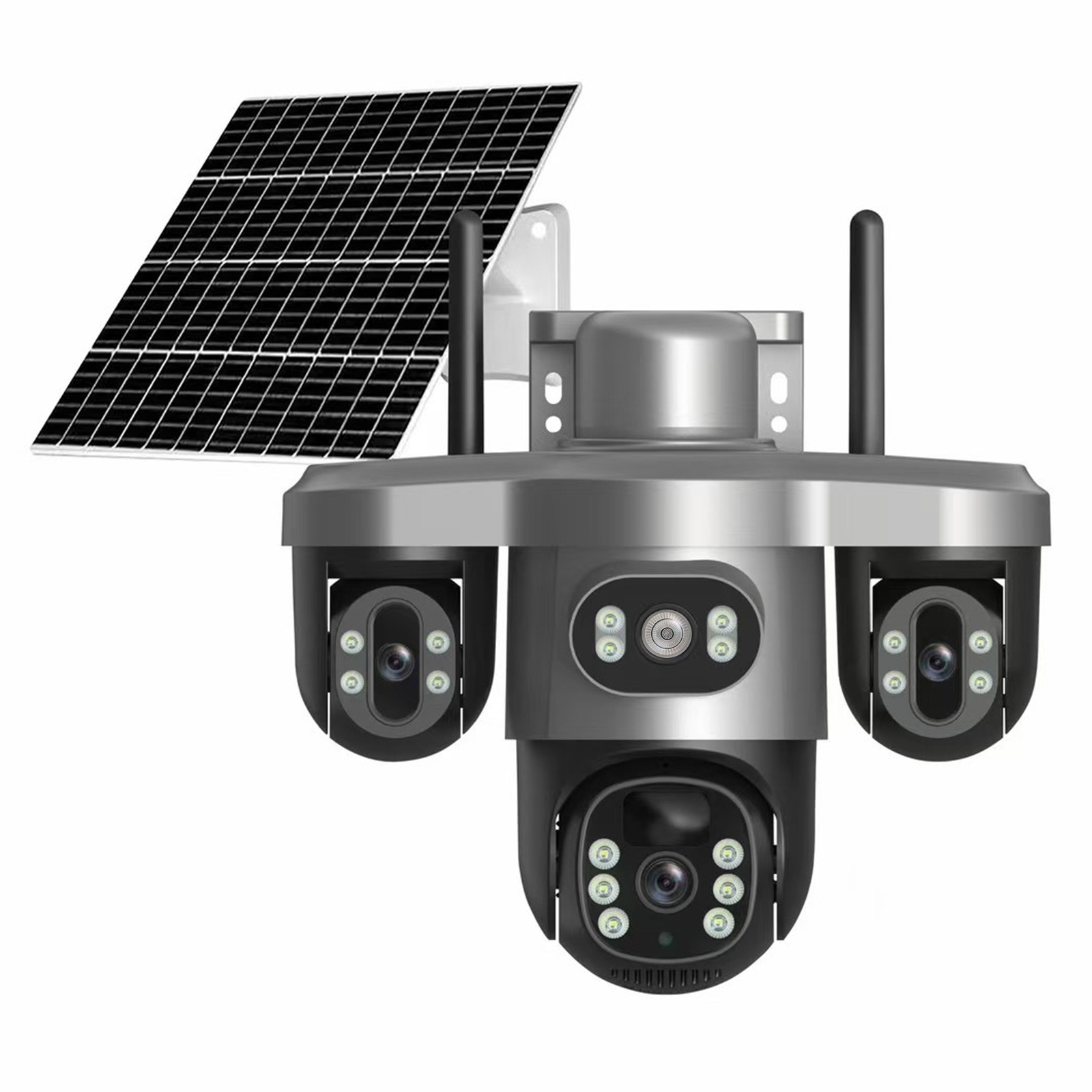 三摄像头三镜头三目太阳能监控摄像头三云台旋转4G低功耗防水无