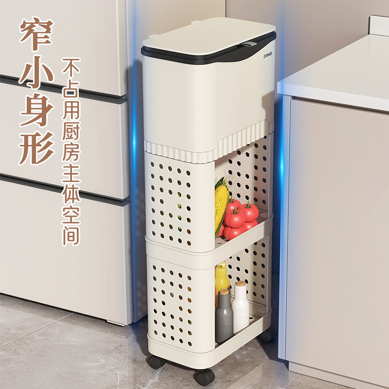 Basura de cubierta deslizante gran capacidad de cocina sin cintura doblada estante de almacenamiento de piso móvil de doble capa estante de almacenamiento de sala de estar cesta
