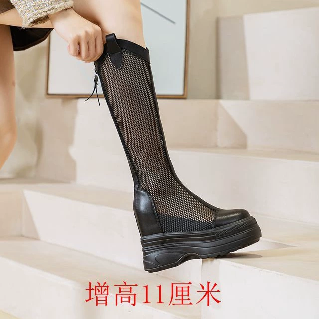 Универсальные лакированные тонкие длинные сапоги в сеточку Little Princess на толстой подошве, скрытая высота 11 см, женские длинные сетчатые сапоги до колен