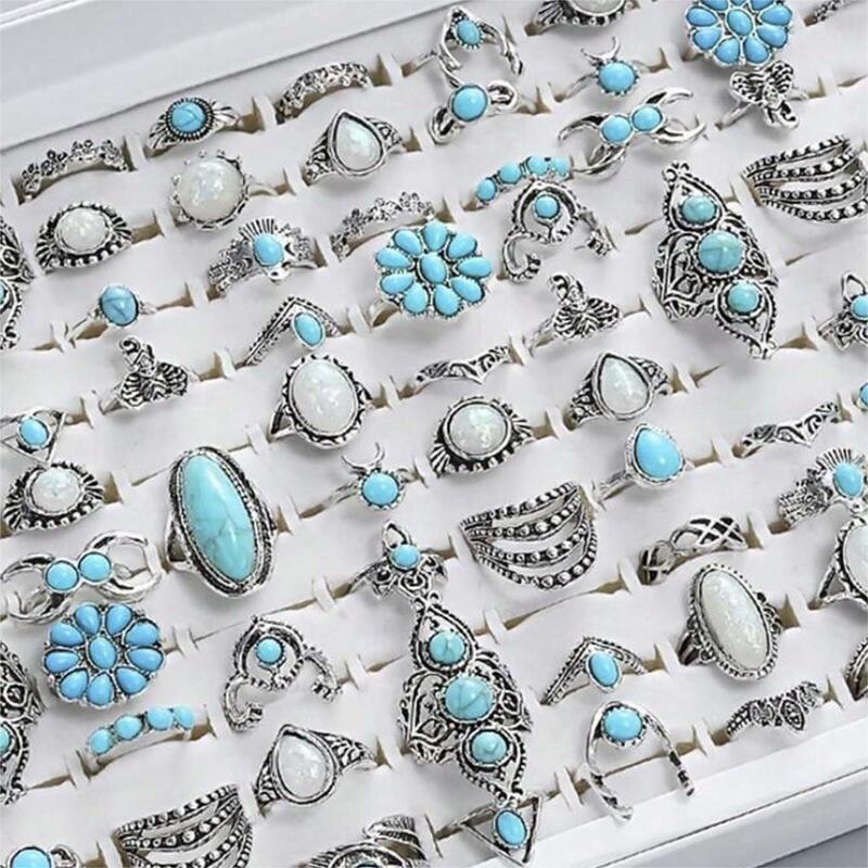 Bohemian Flower Turquoise Ring, Geometric Lace Fifteen-Piece Set, Mixed Batch, Random Ring Set