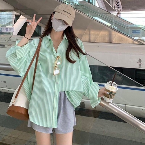 Live Streaming Women's New Design Flared Collar Striped Shirt, Medium Long Thin Sun Protection Cardigan, Trendy