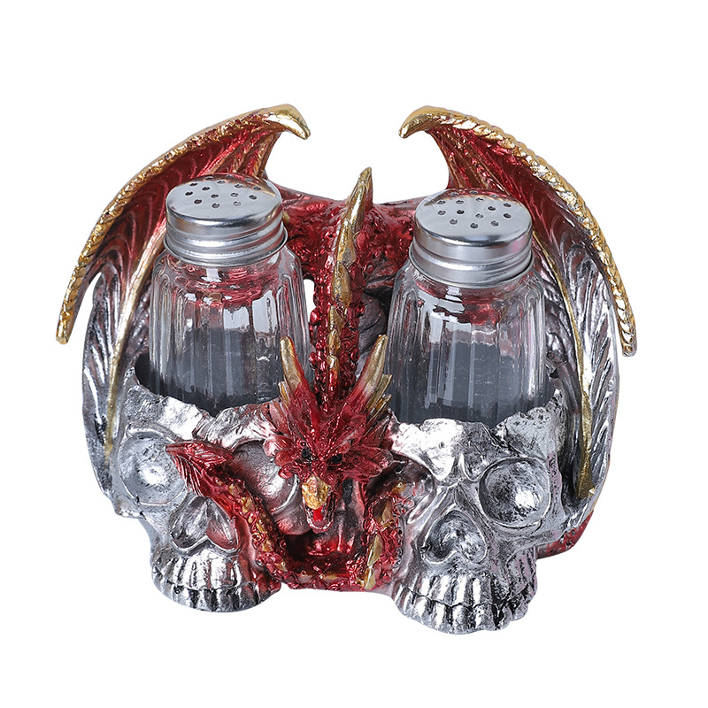 Halloween Skull Dragon Seasoning Bottle Ornaments Skull Head Pepper Salt Pot Resin Crafts Horror Seasoning Pot Decorations