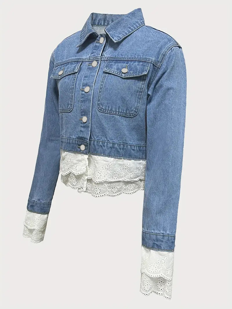 Women's Denim Jacket Plus Size Lace Patchwork Long Sleeve Top_voghion.com