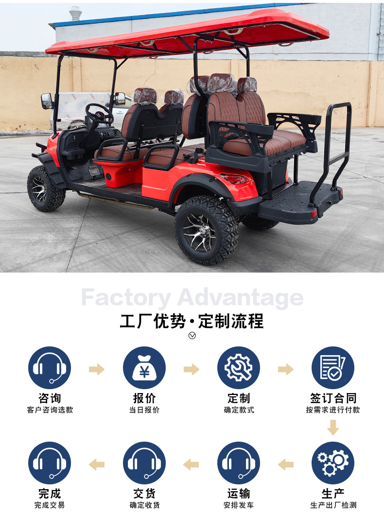 2-seater, 4-seater, 6-seater electric golf carts for export, used in parks for reception, shuttle service, RV viewing, and scenic area sightseeing