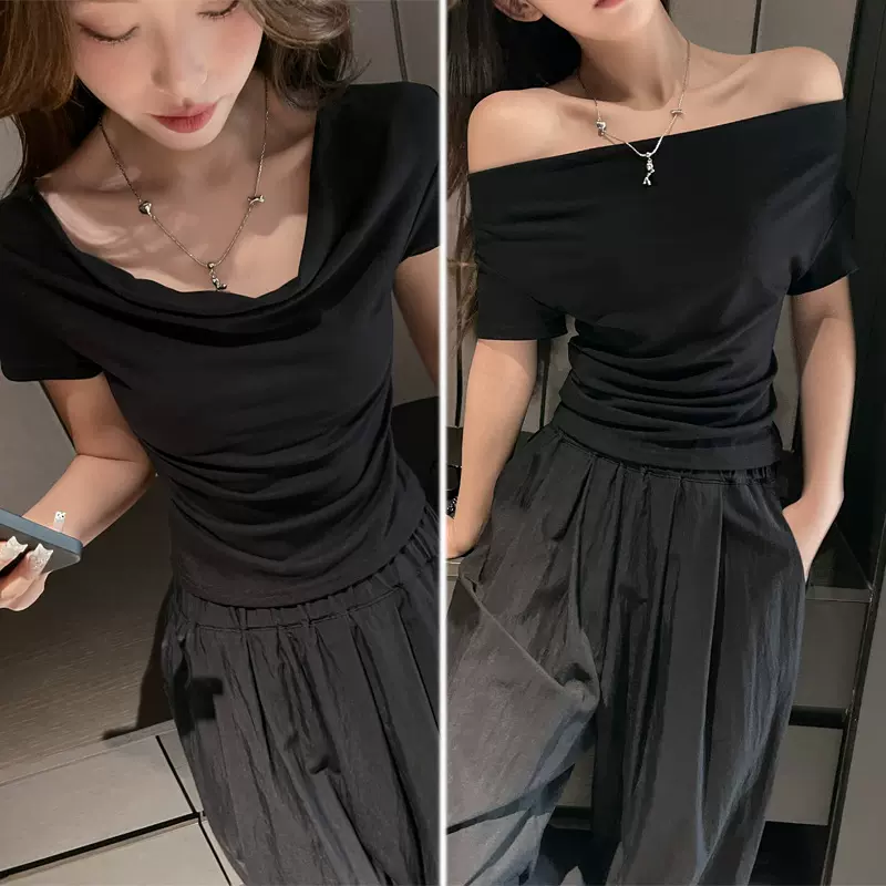 夏季大圆荡领可露肩正肩短袖t恤女式高级设计感纯欲辣妹显瘦上衣