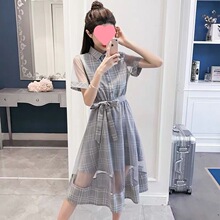 Y罼2024新夏款文艺小清新复古格子网纱连衣裙女仙女裙中长款学生