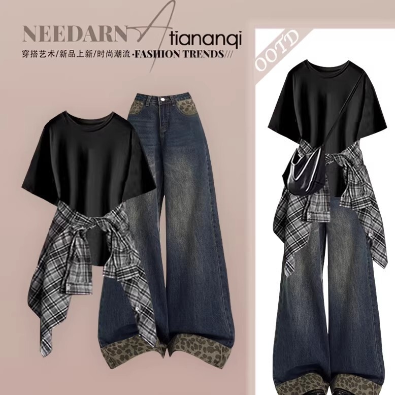 Japanese-Style Long-Sleeve Plaid Shirt, Camisole, and Straight-Leg Jeans Three-Piece Set, 2026 New Spring Collection Japanese-Style Long-Sleeve Plaid Shirt, Camisole, and Straight-Leg Jeans Three-Piece Set, 2026 New Spring Collection