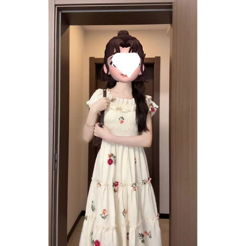 2024 フレンチスタイルの優しいハイエンド花柄ドレス夏の新しいスタイルのスーパーフェアリー気質ウエスト痩身ニッチロングスカート|undefined