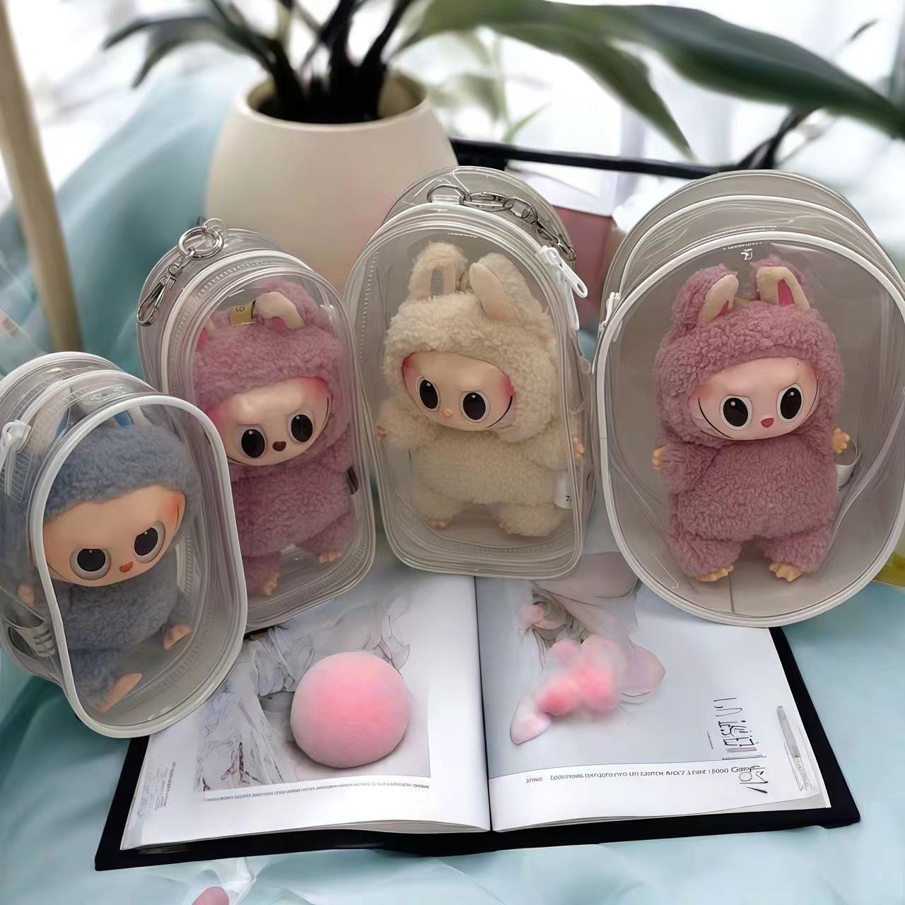 (2개) 18CM 면 인형 통증 가방 LABUBU 비닐 두꺼운 높은 투과성 인형 가방 귀여운 보호 걷는 인형 방진 보관