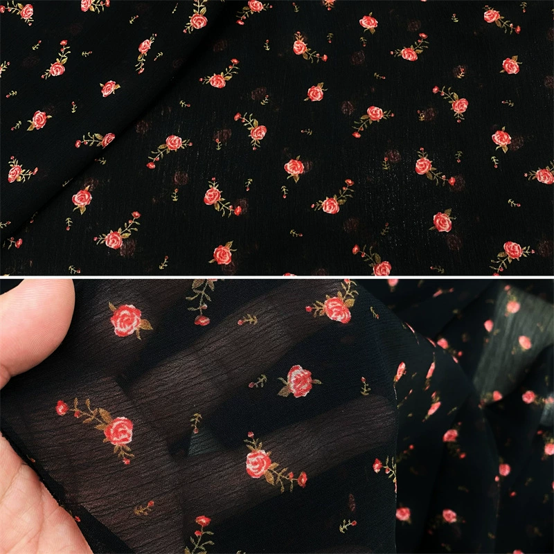 Черная цветочная шифоновая ткань для одежды