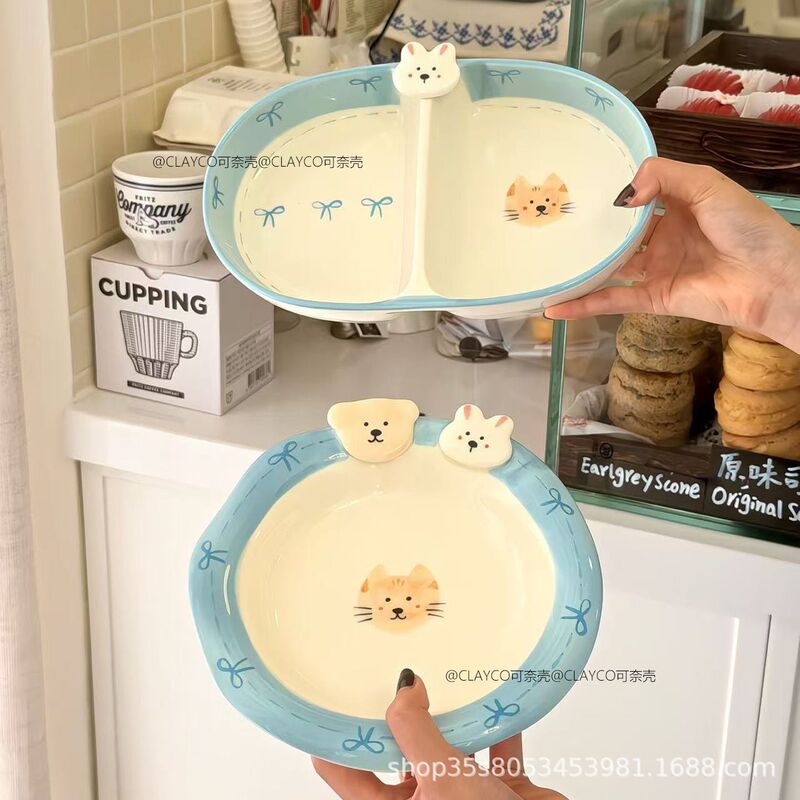 Cute Pet-Themed Hand-Painted Underglaze Ceramic Tableware for Home Use: Exquisite Small Rice Bowls, Salad Bowls, and Dessert Plates