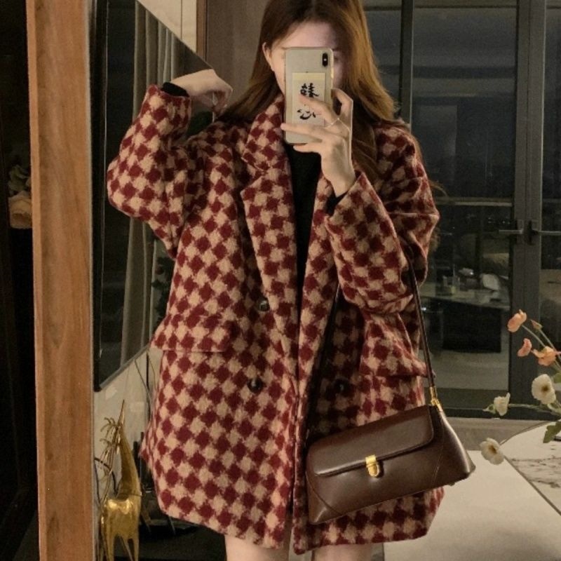 韩版宽松格子西装毛呢外套女夹棉加厚春秋新款小个子显瘦呢子大衣