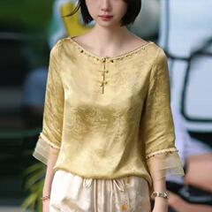新中国式の軽豪華高級ジャカードのビーズの小さいシャツの女性の夏の新型のゆったりしている百合の気質の洋風の減齢の上着