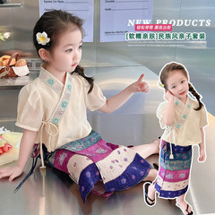 女童夏裝套裝2023新款兒童夏季時髦洋氣表演服夏款民族風兩件套