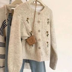韩系小香风刺绣毛衣外套外穿女春秋季新款圆领长袖针织开衫上衣厚