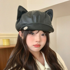2025新款PU皮帽子女日系复古可爱猫耳朵贝雷帽秋季百搭画家八角帽
