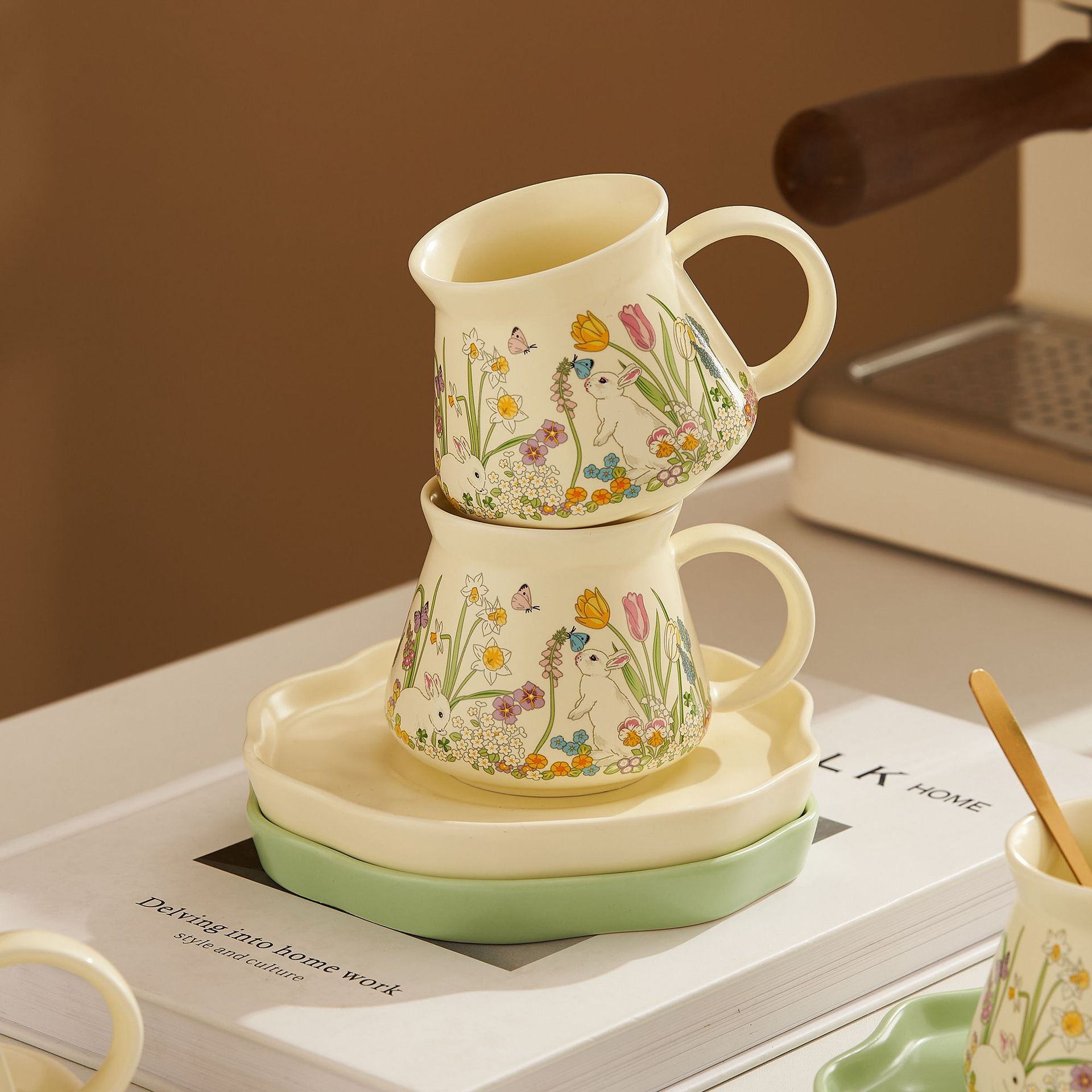 Ins cute ceramic coffee cup and saucer with spoon, pastoral style comic girl water cup and milk cup, logo printing available
