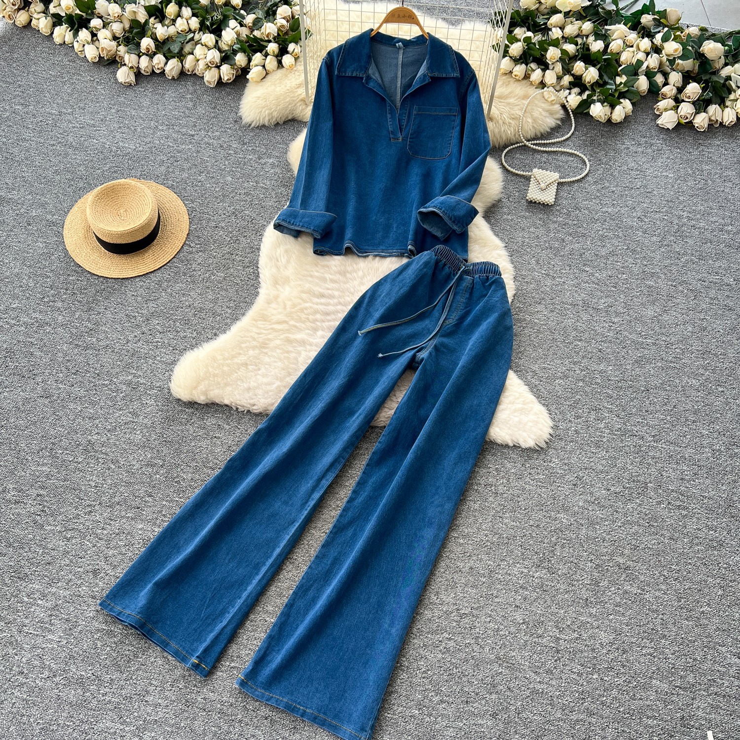 Women's Retro High-Waisted Wide-Leg Denim Pants Set With Long Sleeves Casual Autumn Fashion Top And Bottom Piece_ecoleips.com