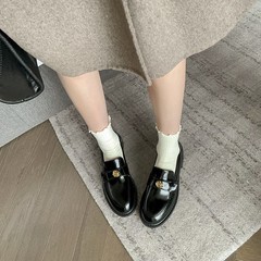 牛革版 ~ 英倫風金貨小革靴山茶花楽福靴女性本革怠け者一足で黒い靴を漕ぐ