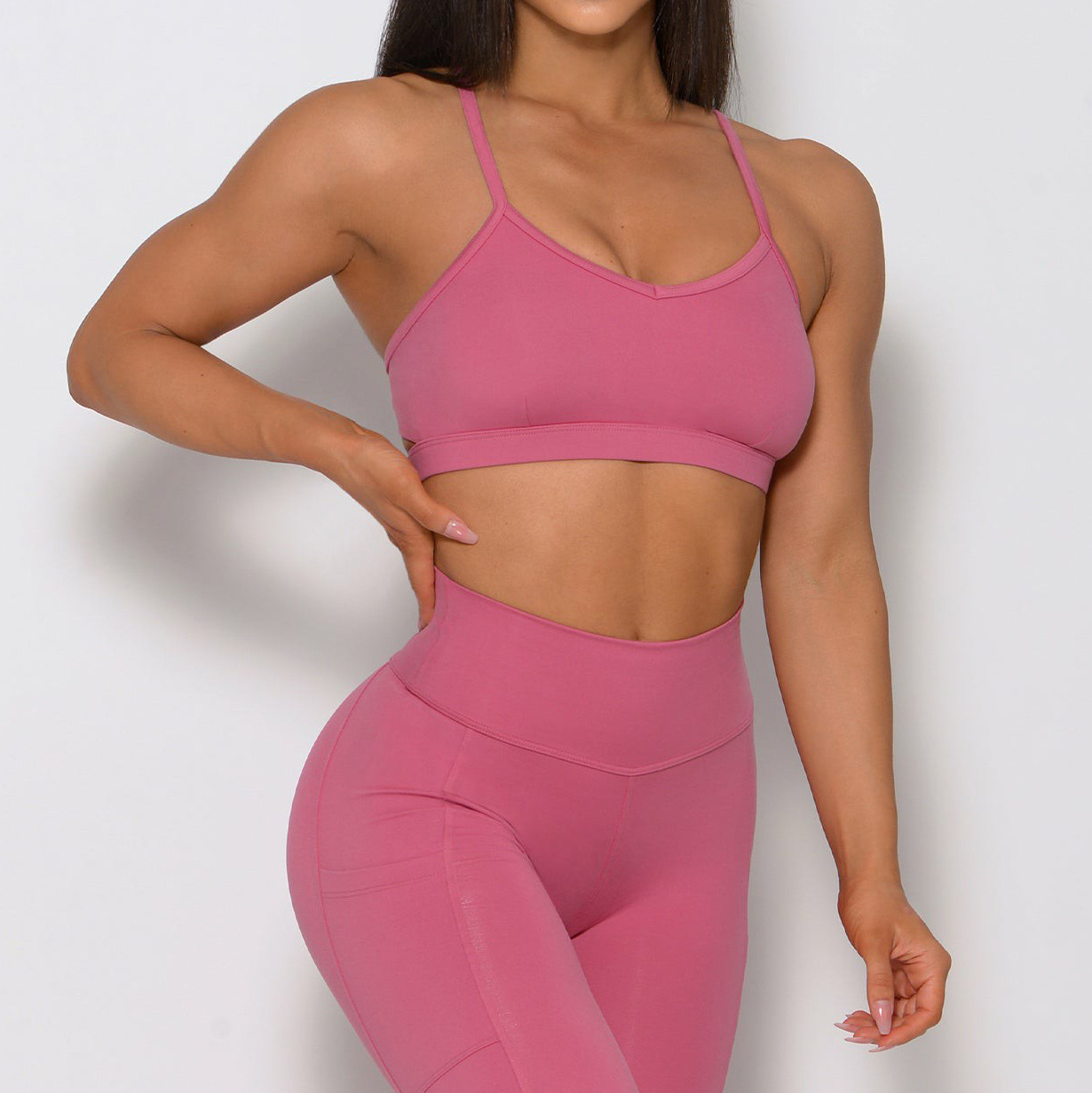 Europa y América populares deportes ropa de yoga traje sujetador pantalones de dos piezas conjunto correr fitness belleza espalda humedad wicking secado rápido