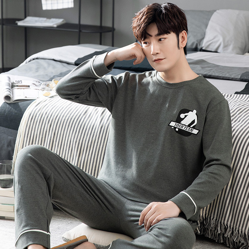 Nuevo traje de ropa para el hogar de algodón puro para hombres pijamas pantalones de algodón de manga larga para hombres delgados de primavera y otoño se pueden usar fuera suéter de cuello redondo