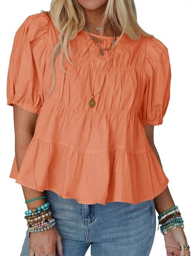 2026 cross-border new summer bubble sleeve doll shirt short-sleeved loose casual A-line pleated foreign-style top