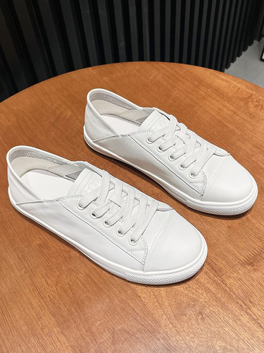 First-layer cowhide genuine leather white shoes for women  new women's shoes lace-up Korean style low-top casual sneakers for women flat