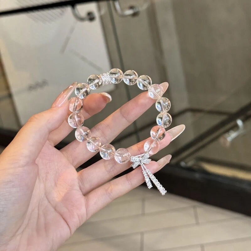 Light Luxury Ice Translucent 10mm White Beaded Bow Ribbon Bracelet for Women Cool and Sweet Bracelet as a Gift for Girlfriend Light Luxury Ice Translucent 10mm White Beaded Bow Ribbon Bracelet for Women Cool and Sweet Bracelet as a Gift for Girlfriend