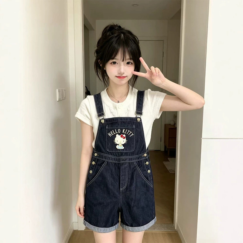 Kitty Cat Cartoon Embroidered Denim Overalls for Women, Summer Design, Cute and Age-Reducing Overalls Shorts for Petite Figures