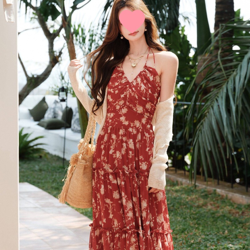 Plum Blossom "Sunset Rose" Retro Romantic Floral Red V-Neck Dress Seaside Resort Style Long Dress Plum Blossom "Sunset Rose" Retro Romantic Floral Red V-Neck Dress Seaside Resort Style Long Dress