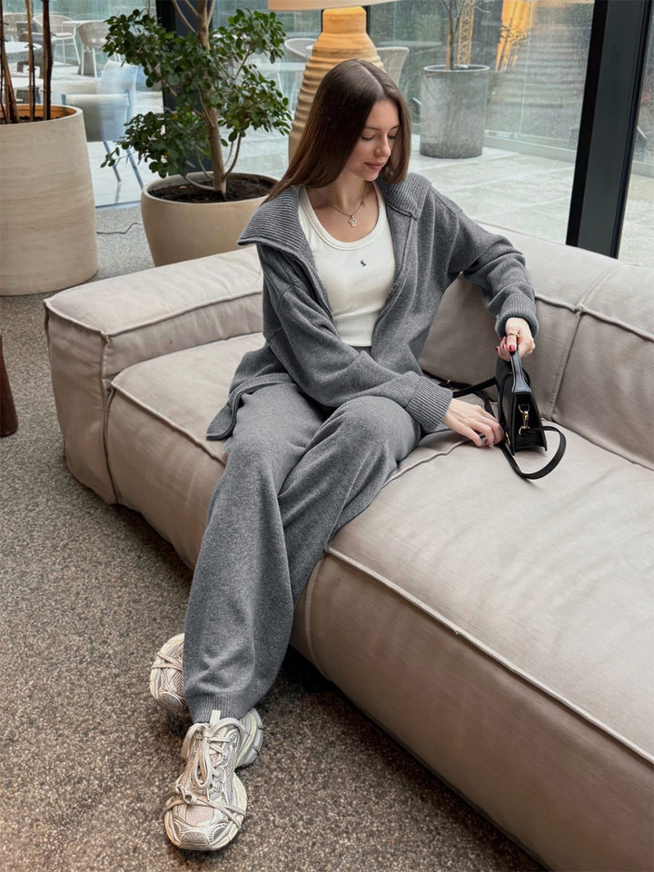 Bộ đôi áo len dệt kim cổ bẻ hai khóa kéo có túi và quần ống rộng phong cách thanh lịch — Màu kaki, Màu trắng ngà, Màu xám nhạt, Màu xám đậm chi tiết 24