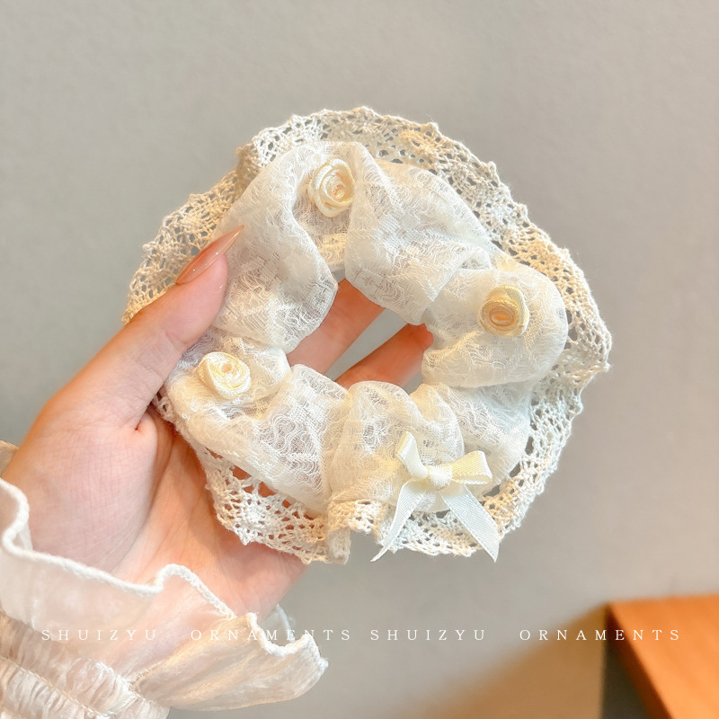 Encaje de flor coreana Encaje de intestino grueso Anillo de cabello femenino Cabeza de flor de viento pastoral Cuerda de cabeza de bola de gran tamaño Accesorios para el cabello de alta calidad