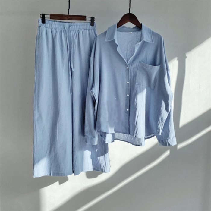 Women's Clothing Women's Retro Plus Size Cotton Linen Shirt Set High Waisted Loose Fitting Trousers Two Piece Set 20 Colors_ecoleips.com